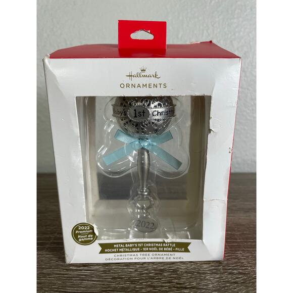 Hallmark 2022 Baby’s 1st Christmas Rattle‎ Ornament Silver Blue Bow New - Picture 1 of 10